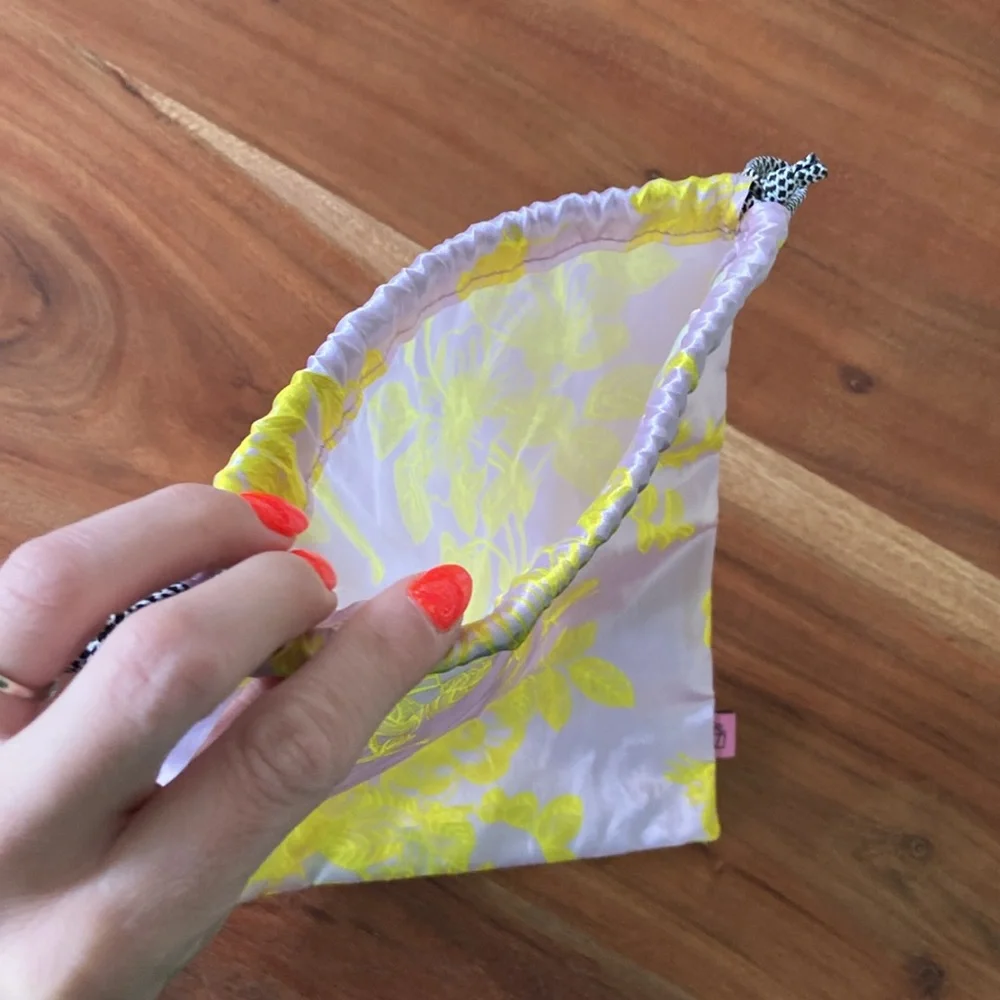 Lavender and yellow satin drawstring bag for travel or gift wrap